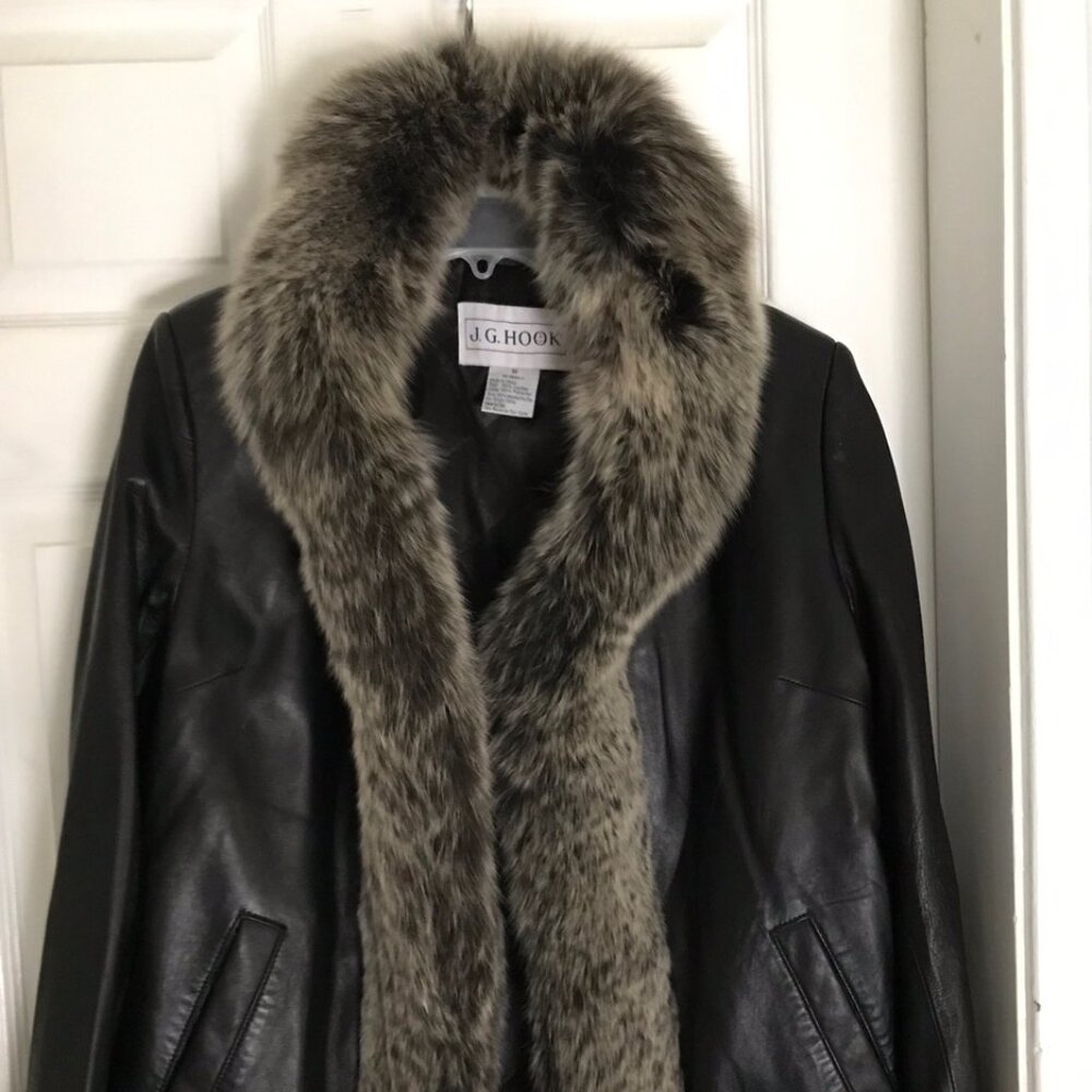 J. G. Hook Black Leather Jacket with Silver Fox Fur Size M